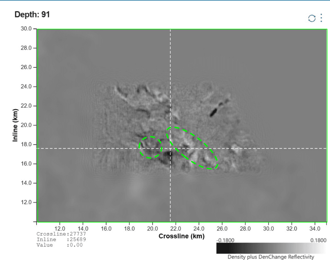FDR depth slice at the target level, far angle, brightening mapped in plan view