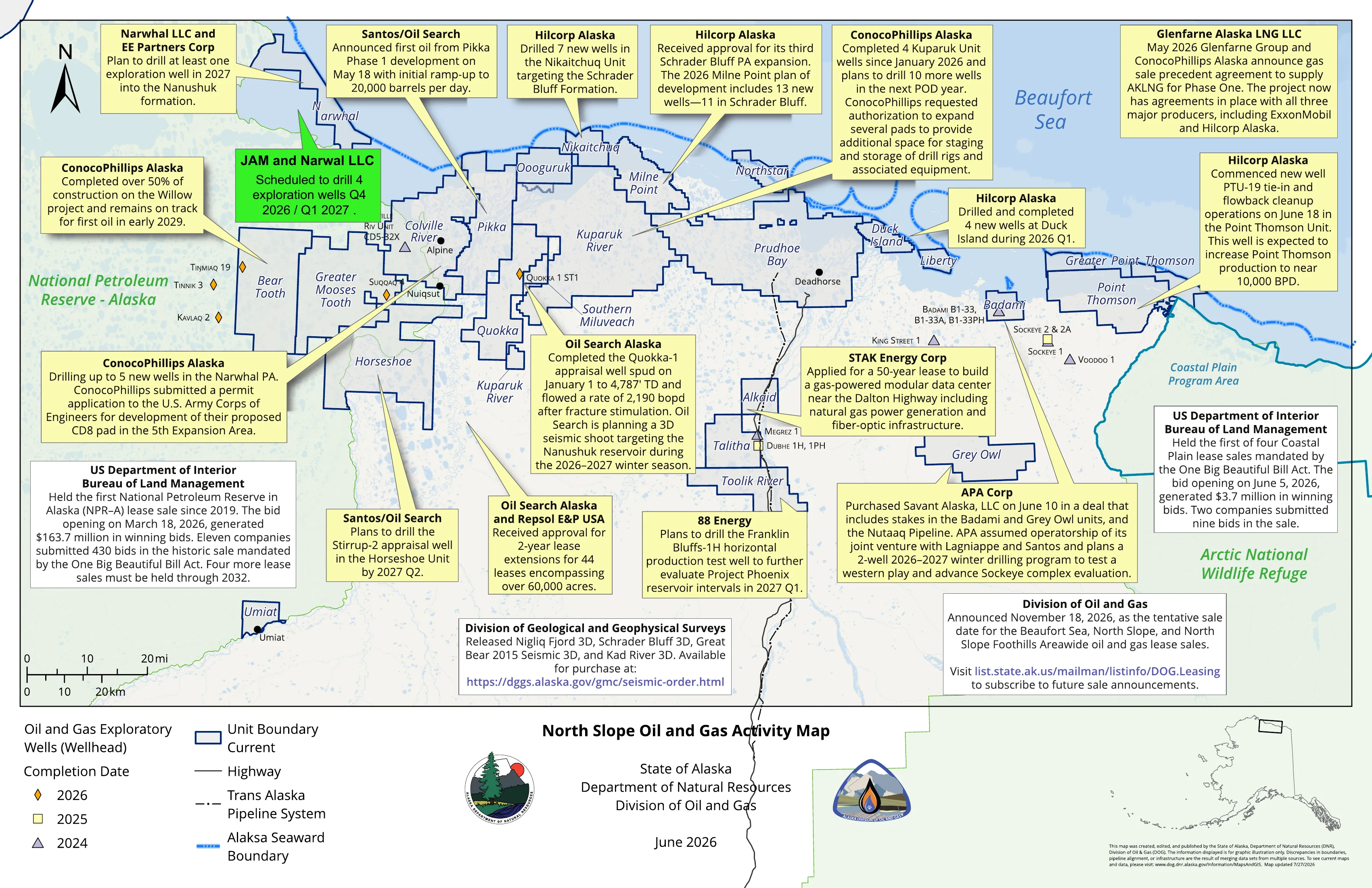 Alaska Department of Natural Resources North Slope Oil and Gas Activity Map, showing unit boundaries, exploratory wells and operator activity across the North Slope. A callout marks the four JAM and Narwal LLC exploration wells scheduled for Q4 2026 / Q1 2027 in West Harrison Bay.