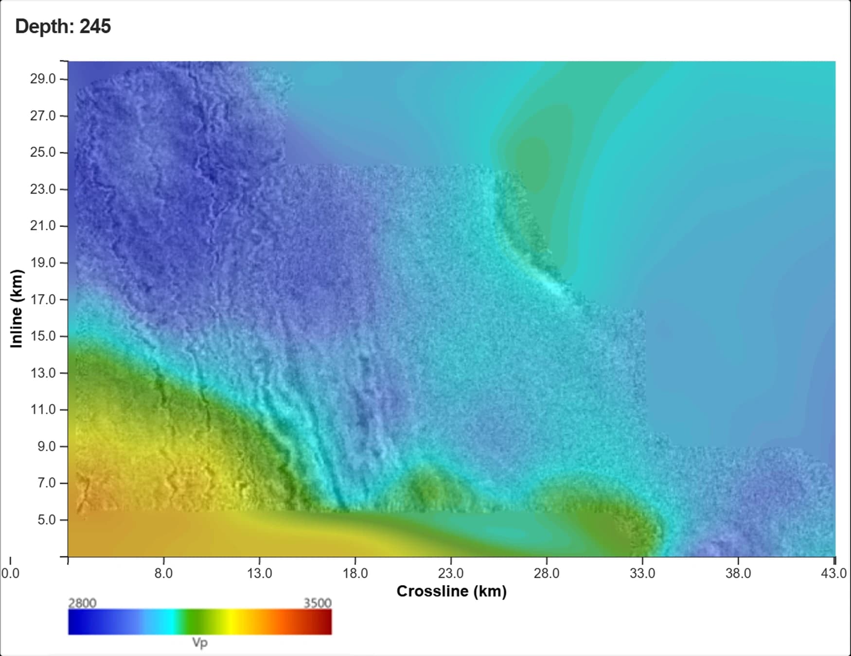 Depth slice through the prospect interval, Legacy model velocity model