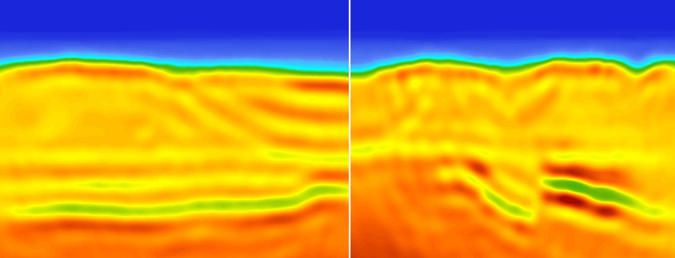 The same cross-line after acoustic FWI to 5 Hz, the salt body taking shape but the section still blocky