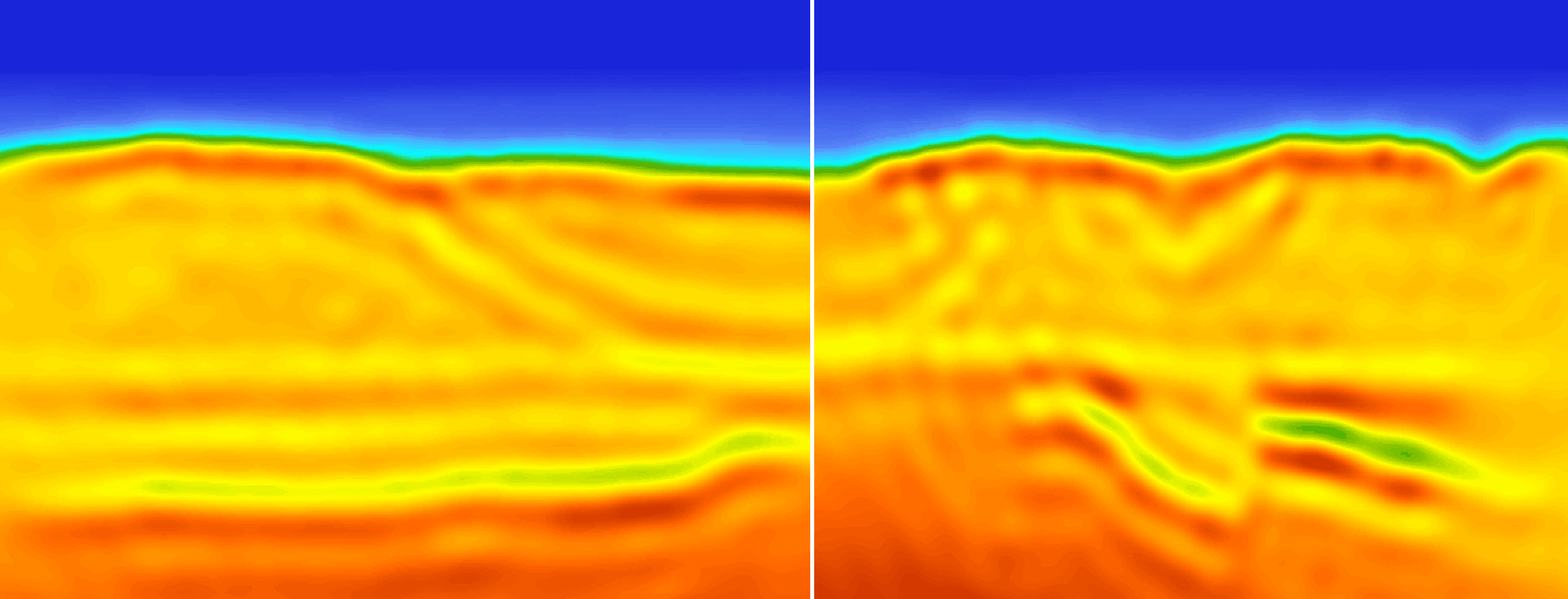 The same cross-line after elastic FWI to 20 Hz, top salt sharply resolved and the sub-salt section recovered