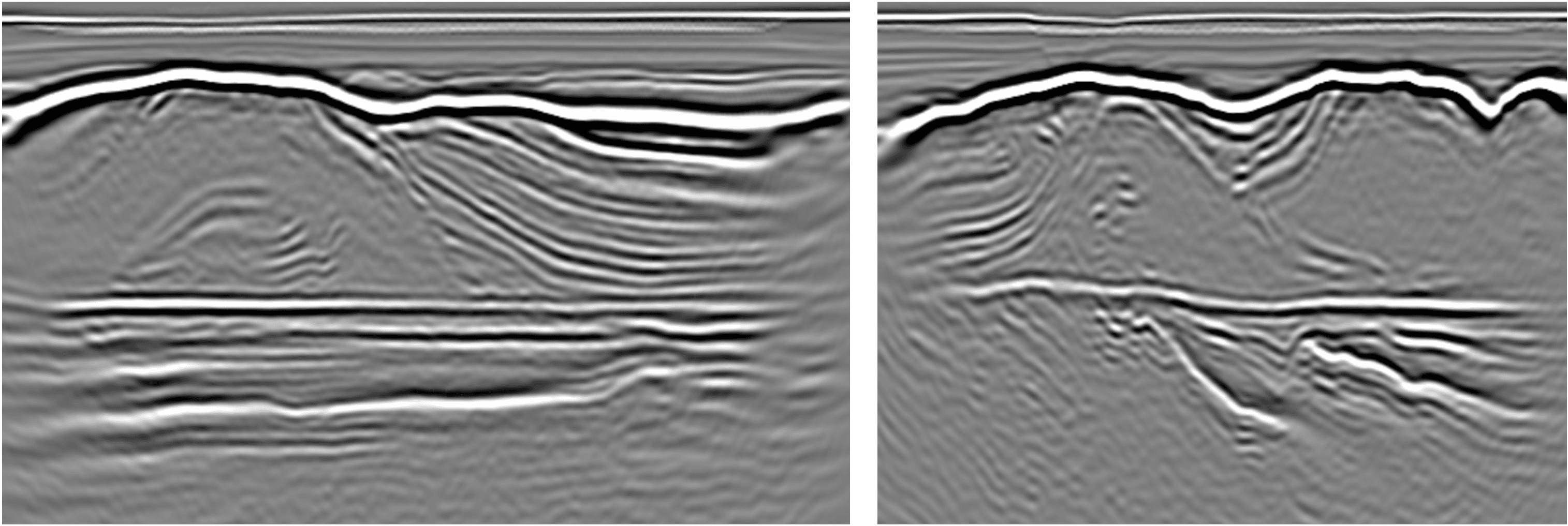 P-wave reflectivity image obtained by spatial differentiation of the elastic FWI acoustic-impedance model at 20 Hz. (Left: in-lines in the sub-salt strike direction. Right: cross-lines in the sub-salt dip direction.)