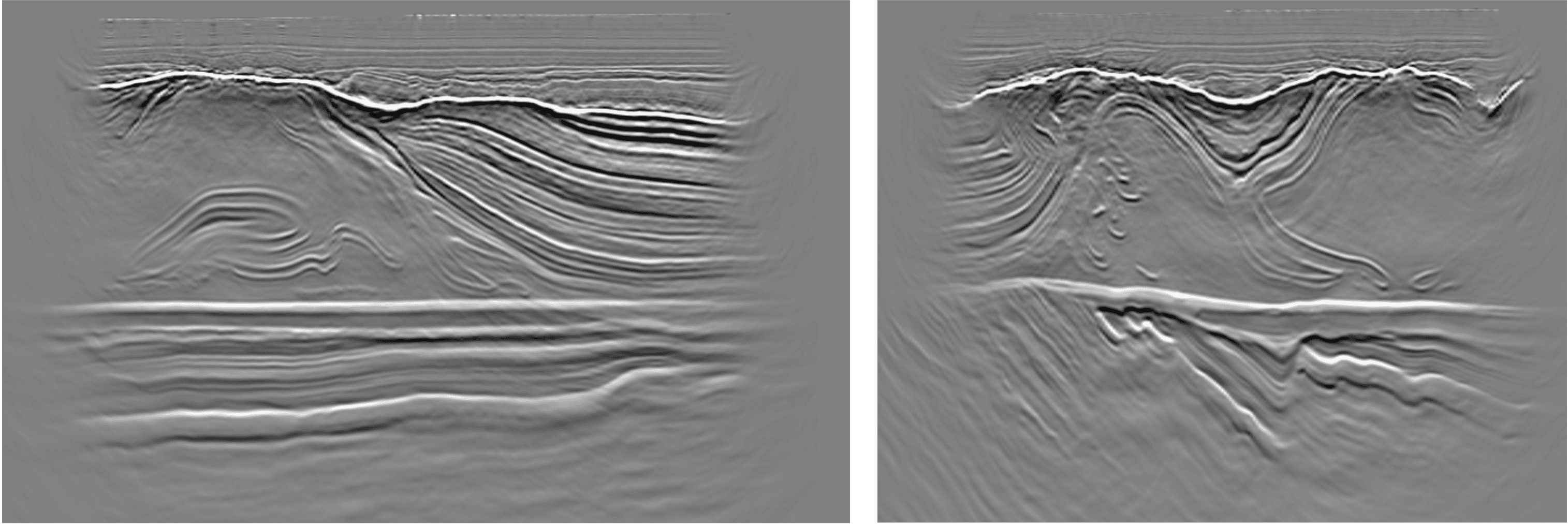 Corresponding conventional acoustic RTM run to 45 Hz. (Left: in-lines in the sub-salt strike direction. Right: cross-lines in the sub-salt dip direction.)