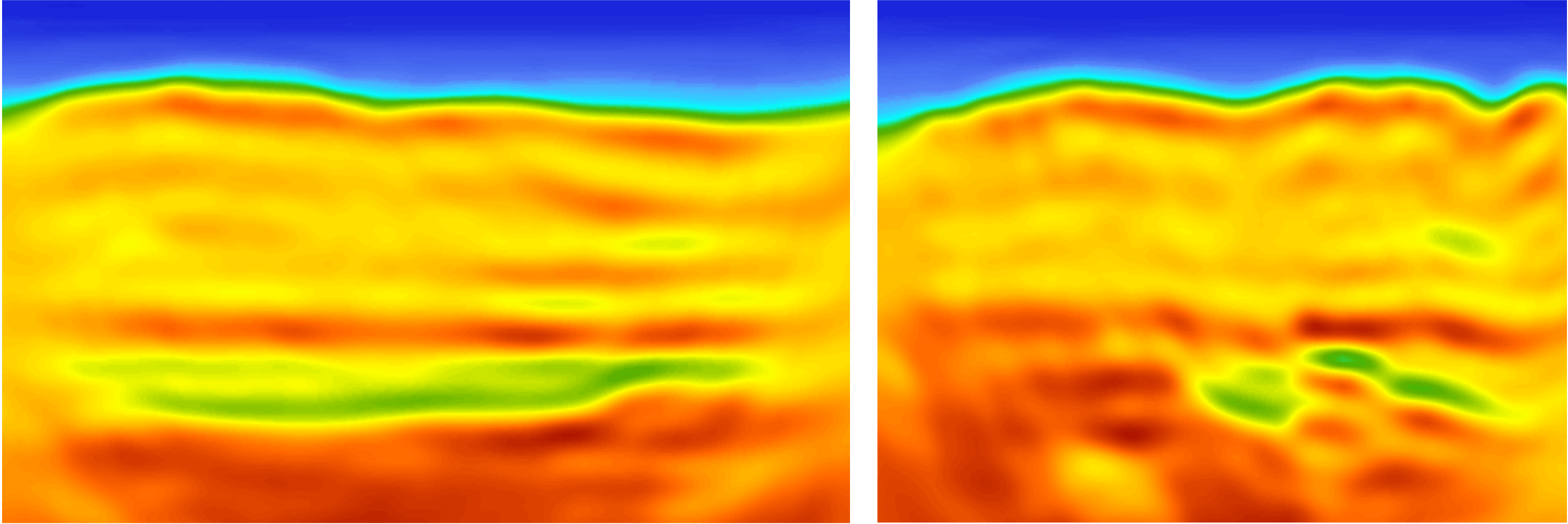5Hz acoustic FWI Vp. (Left: in-lines in the sub-salt strike direction. Right: cross-lines in the sub-salt dip direction.)