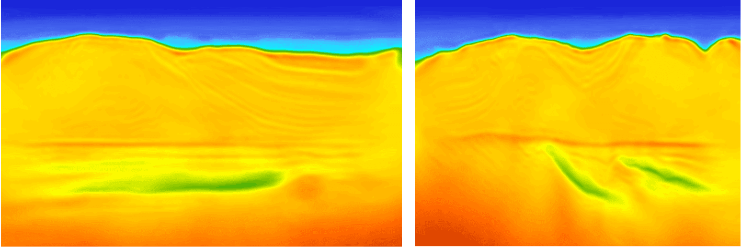 20Hz elastic FWI Vp. (Left: in-lines in the sub-salt strike direction. Right: cross-lines in the sub-salt dip direction.) High-velocity anhydrites appear as thin red lines.